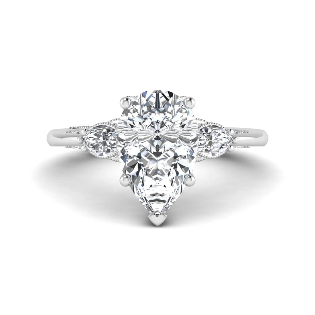OctaPearl 3 ct Pear Cut Lab Grown Diamond Three Stone Engagement Ring
