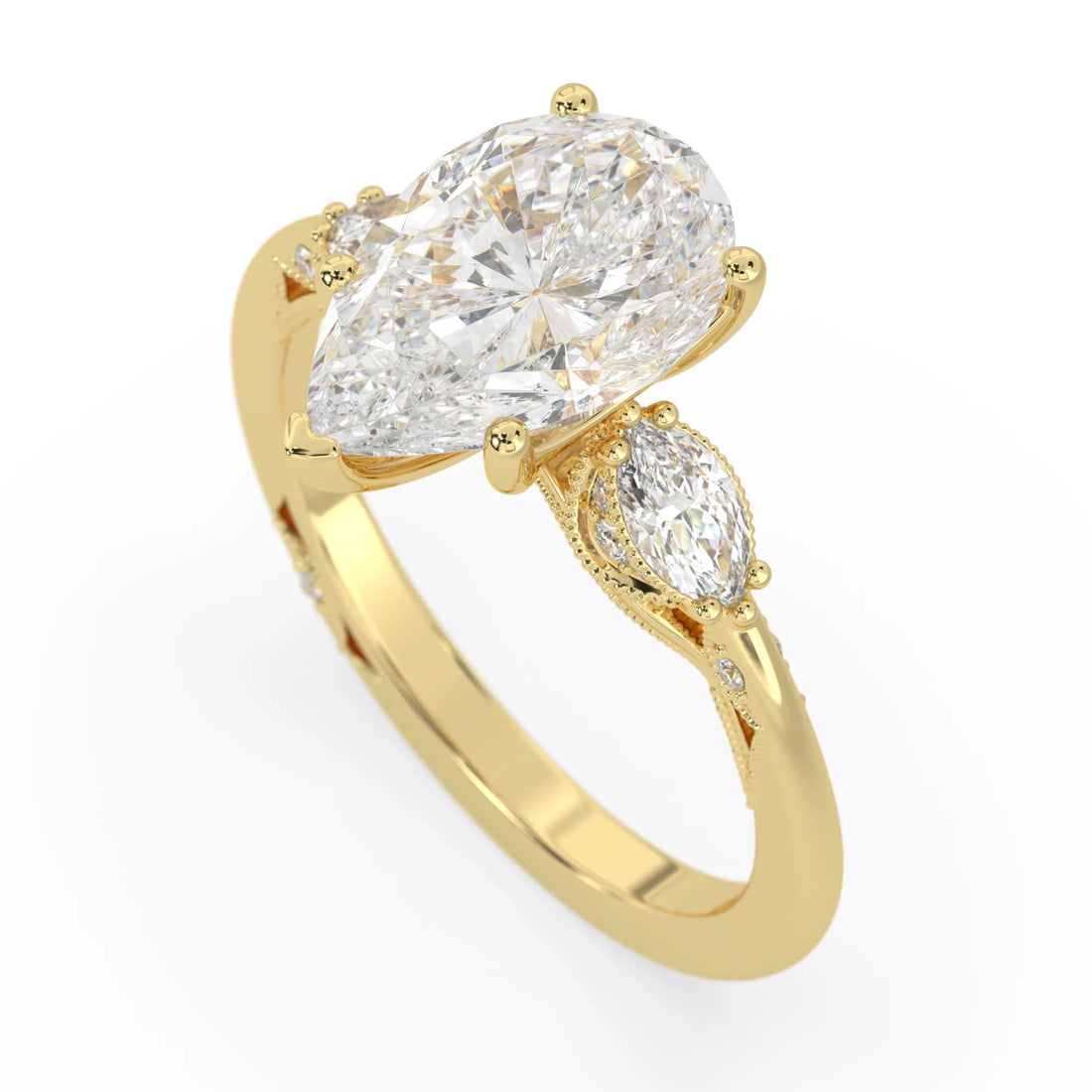 OctaPearl 3 ct Pear Cut Lab Grown Diamond Three Stone Engagement Ring