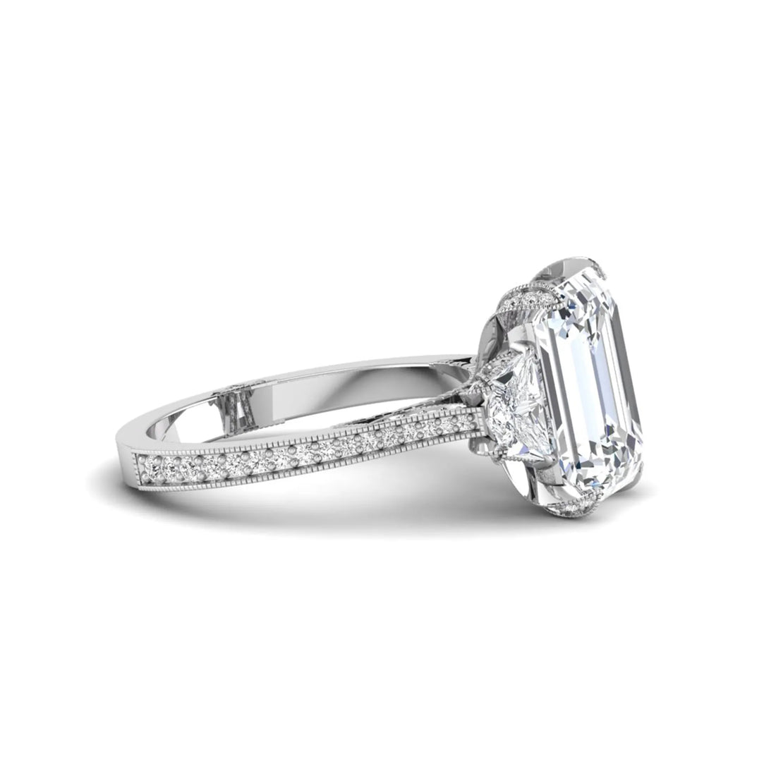 OctaPearl 5 ct Emerald Cut Three Stone Lab Grown Diamond Vintage Engagement Ring