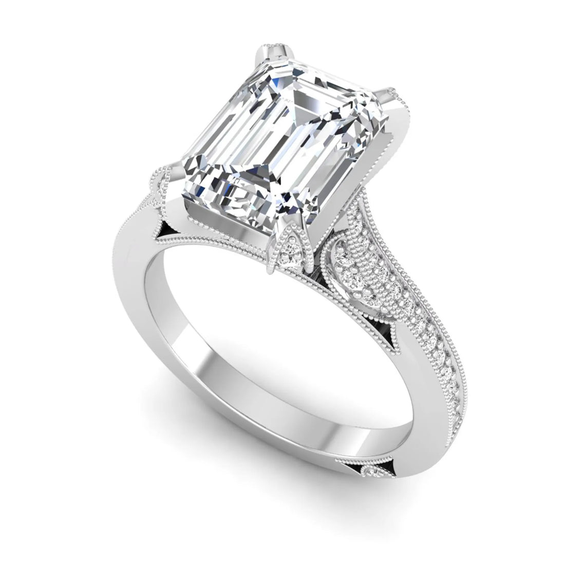 OctaPearl 3 ct Emerald Cut Prong Set Lab Grown Diamond Vintage Engagement Ring