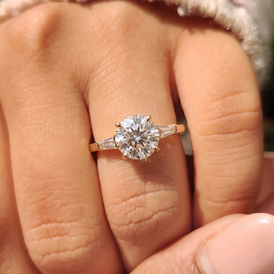 OctaPearl 3 ct Round Lab Grown Diamond Three Stone Engagement Ring