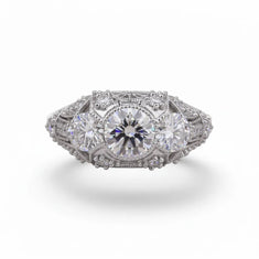 Milgrain Art Deco Three Stone Ring With Round Moissanite