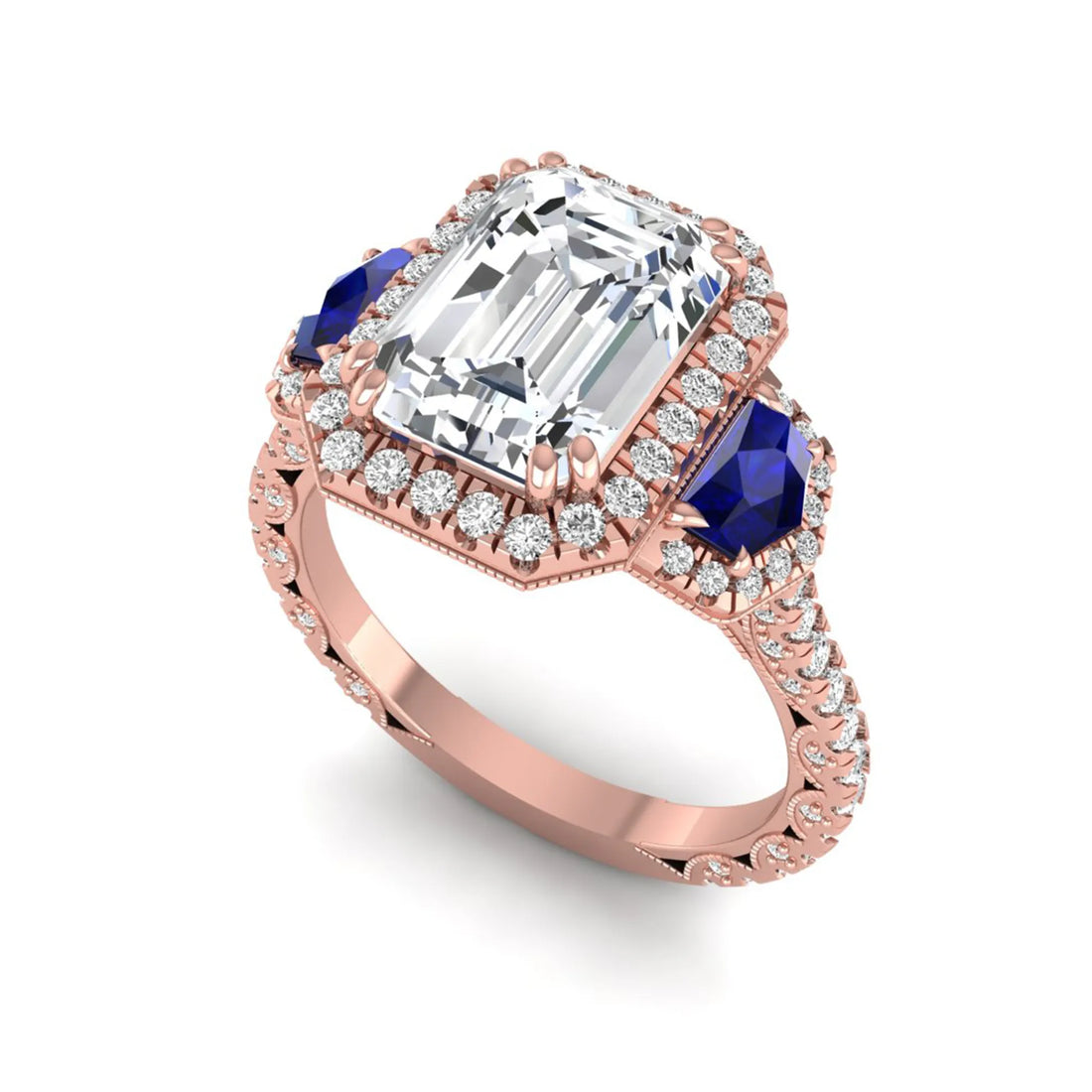 OctaPearl 3 ct Emerald Cut Lab Grown Diamond Three Stone Halo Engagement Ring