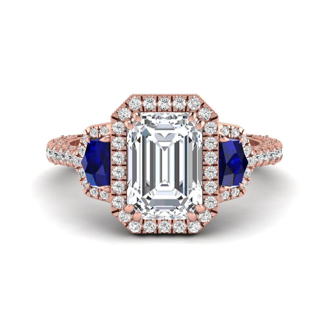OctaPearl 3 ct Emerald Cut Lab Grown Diamond Three Stone Halo Engagement Ring
