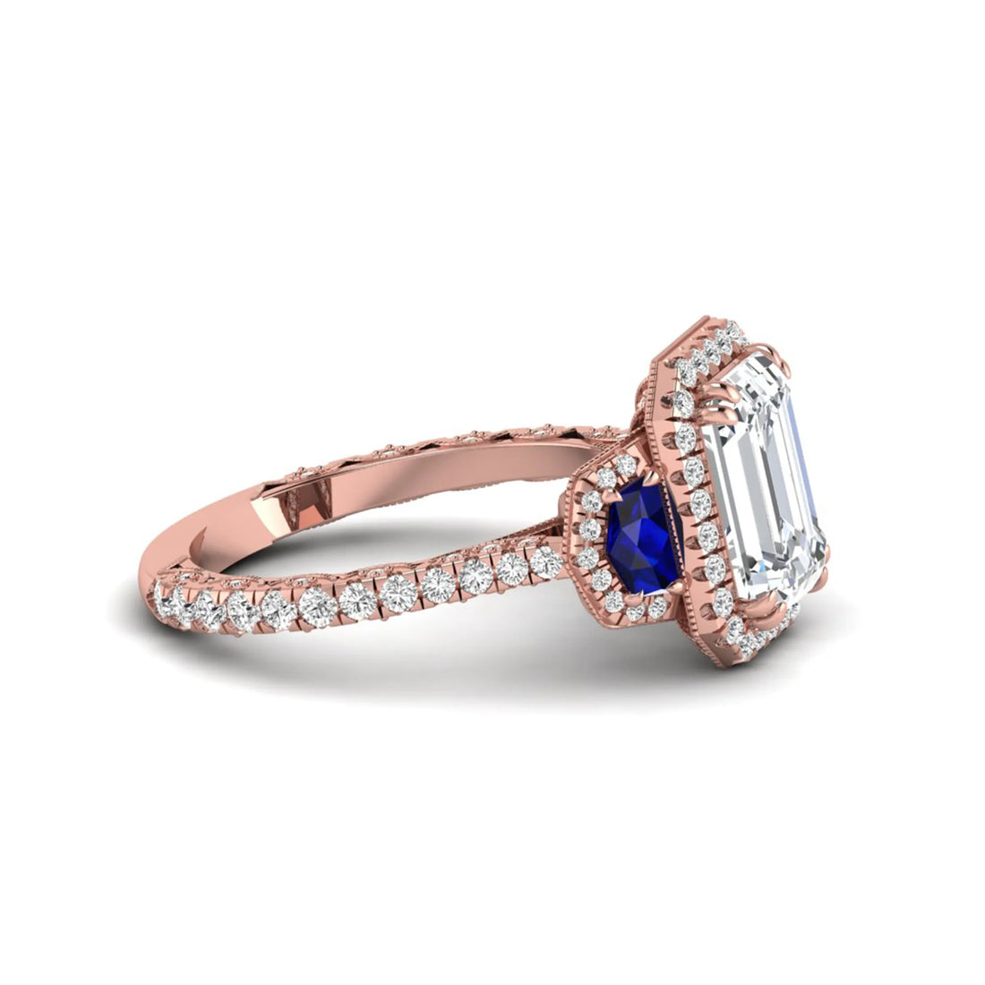 OctaPearl 3 ct Emerald Cut Lab Grown Diamond Three Stone Halo Engagement Ring