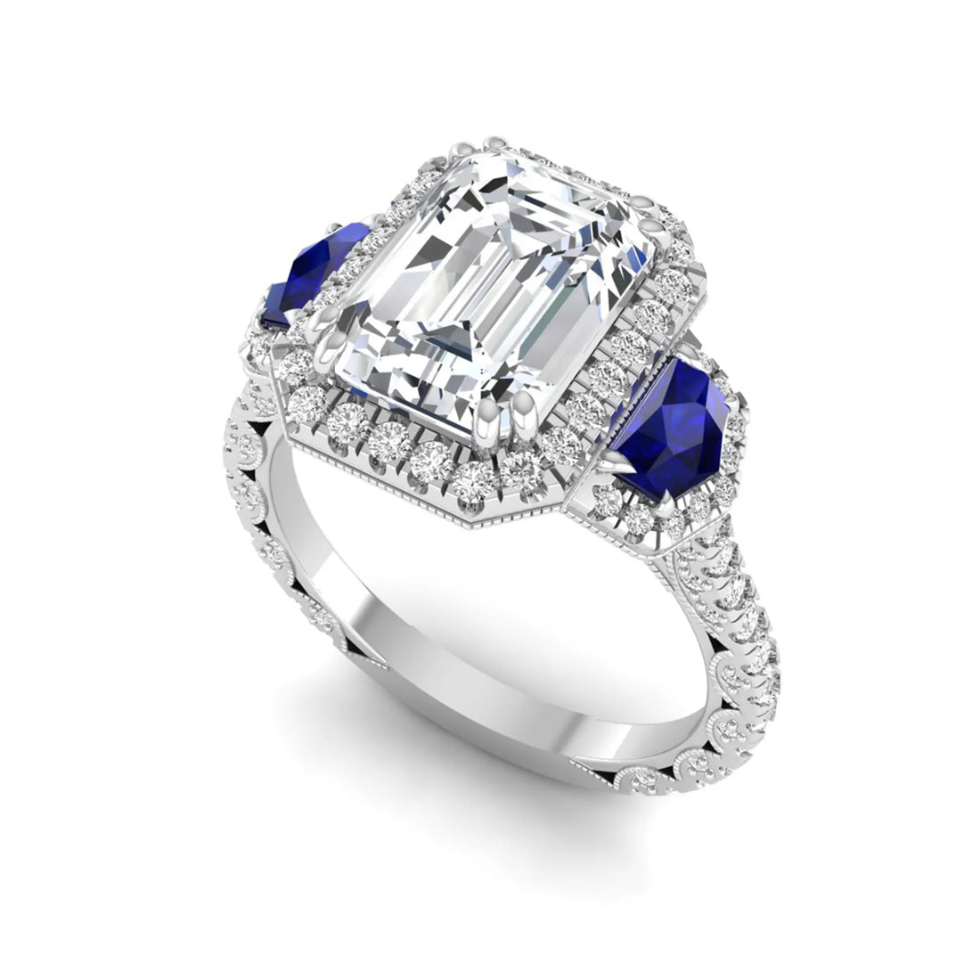 OctaPearl 3 ct Emerald Cut Lab Grown Diamond Three Stone Halo Engagement Ring