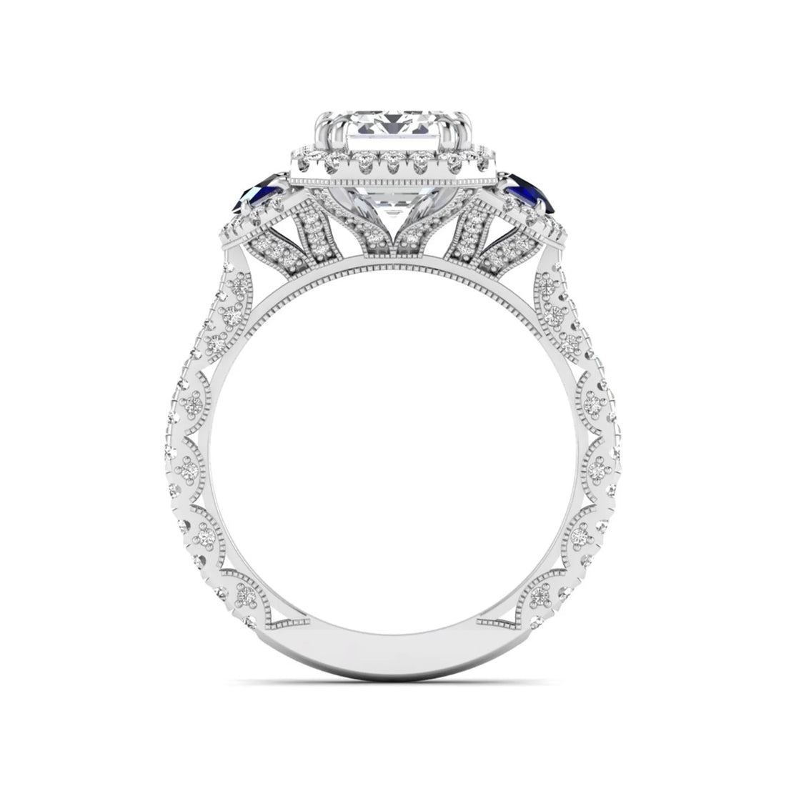 OctaPearl 3 ct Emerald Cut Lab Grown Diamond Three Stone Halo Engagement Ring