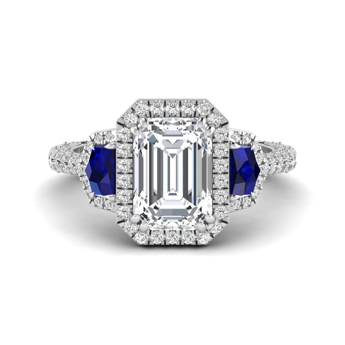 OctaPearl 3 ct Emerald Cut Lab Grown Diamond Three Stone Halo Engagement Ring