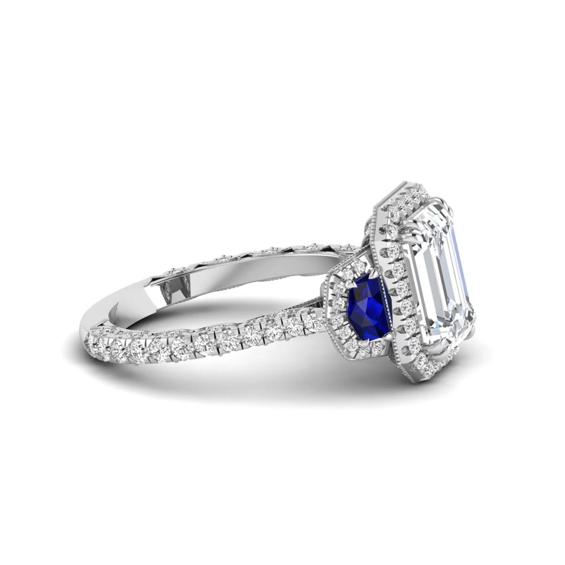OctaPearl 3 ct Emerald Cut Lab Grown Diamond Three Stone Halo Engagement Ring