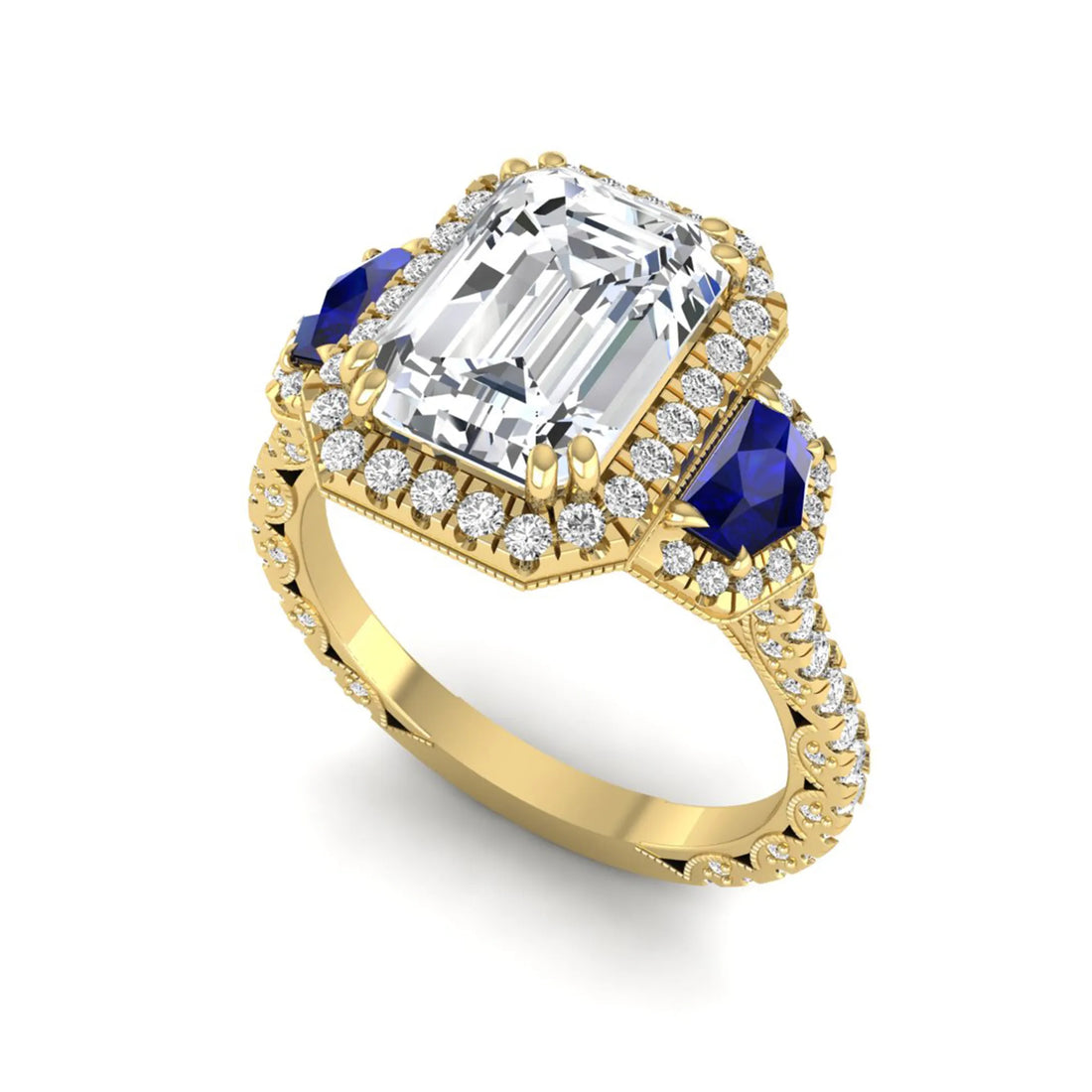 OctaPearl 3 ct Emerald Cut Lab Grown Diamond Three Stone Halo Engagement Ring