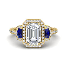 OctaPearl 3 ct Emerald Cut Lab Grown Diamond Three Stone Halo Engagement Ring