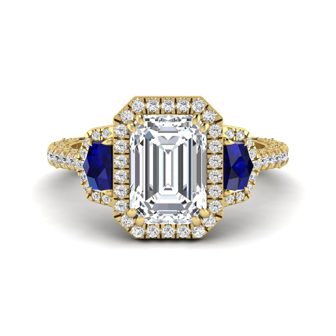 OctaPearl 3 ct Emerald Cut Lab Grown Diamond Three Stone Halo Engagement Ring