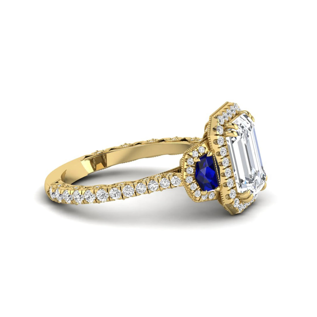 OctaPearl 3 ct Emerald Cut Lab Grown Diamond Three Stone Halo Engagement Ring