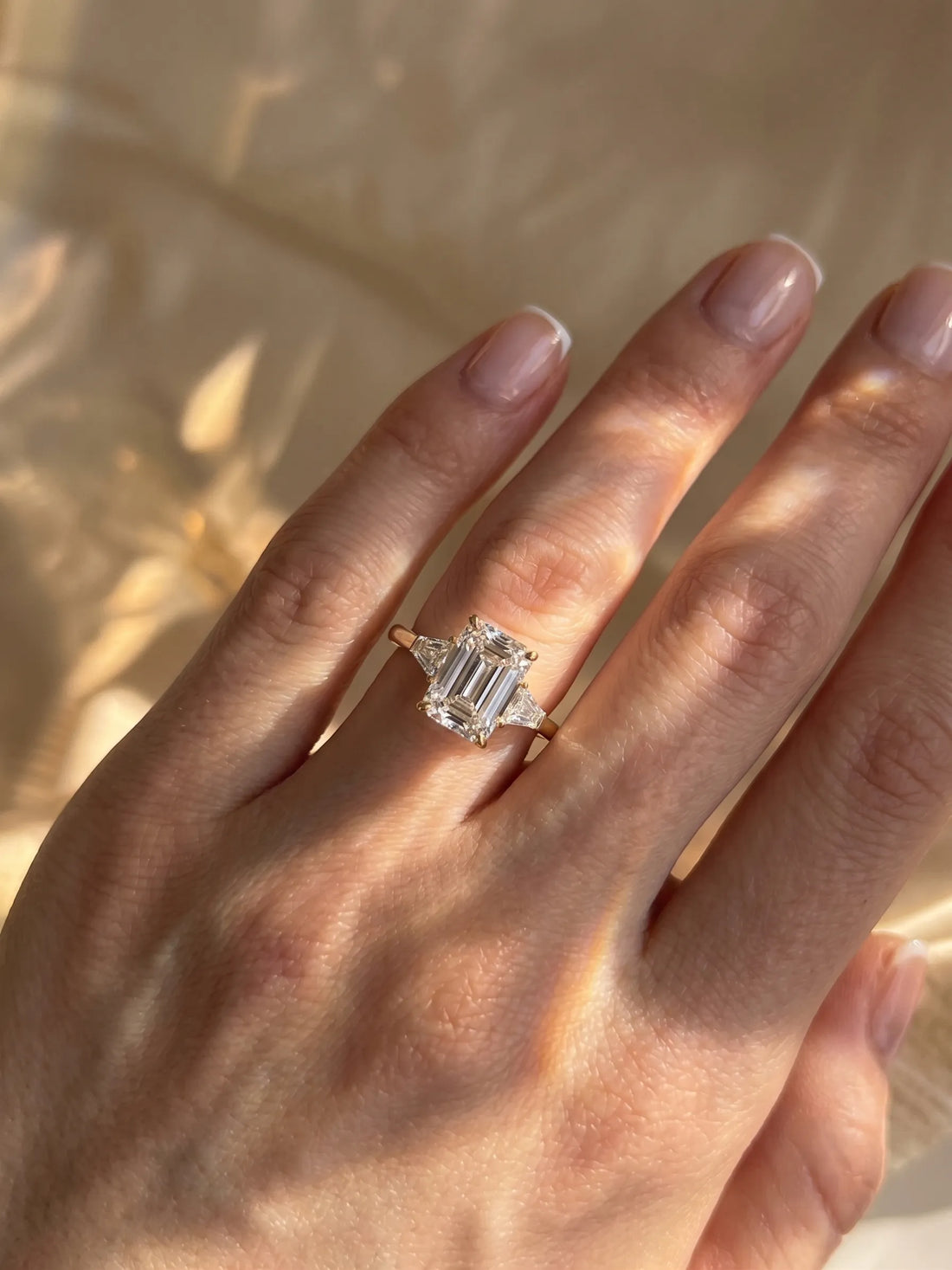 OctaPearl 5 ct Emerald Cut Lab Grown Diamond Three Stone Engagement Ring