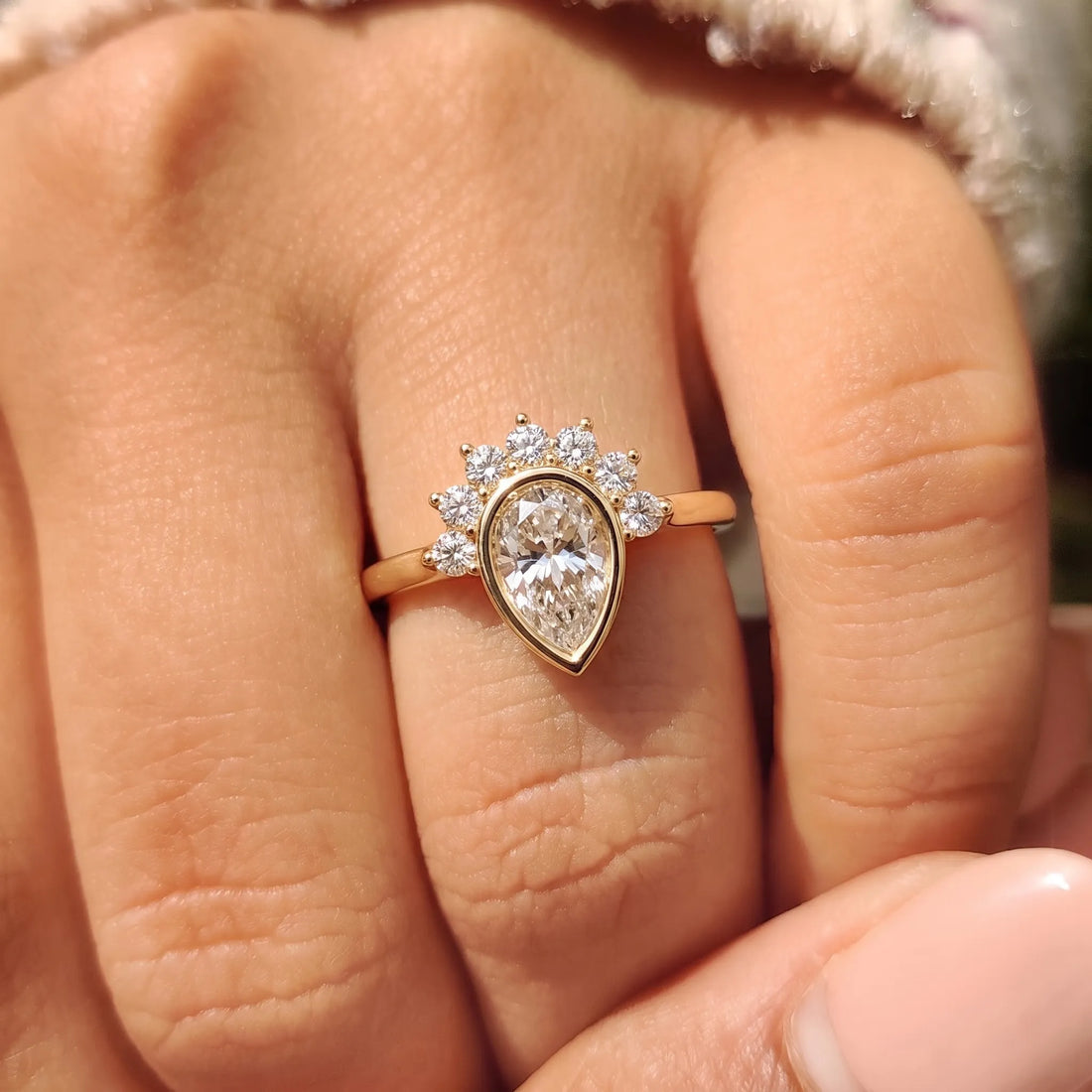 OctaPearl Bezel Set Pear Cut Lab Grown Diamond Half Halo Engagement Ring