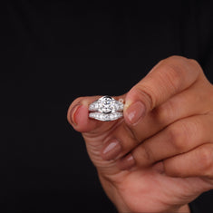 Moissanite Two Piece Engagement & Wedding Ring Set – Silver Pave