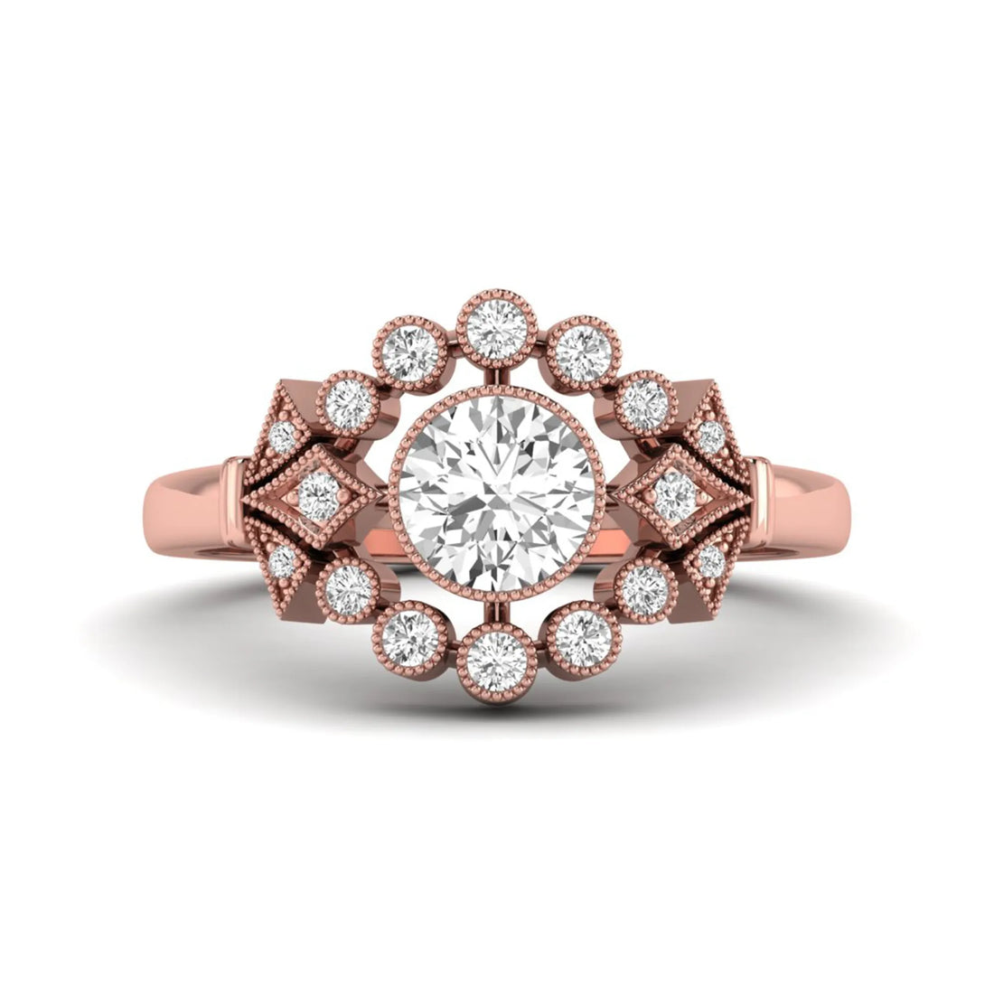 OctaPearl 1 ct Bezel Set Round Lab Grown Diamond Vintage Halo Engagement Ring
