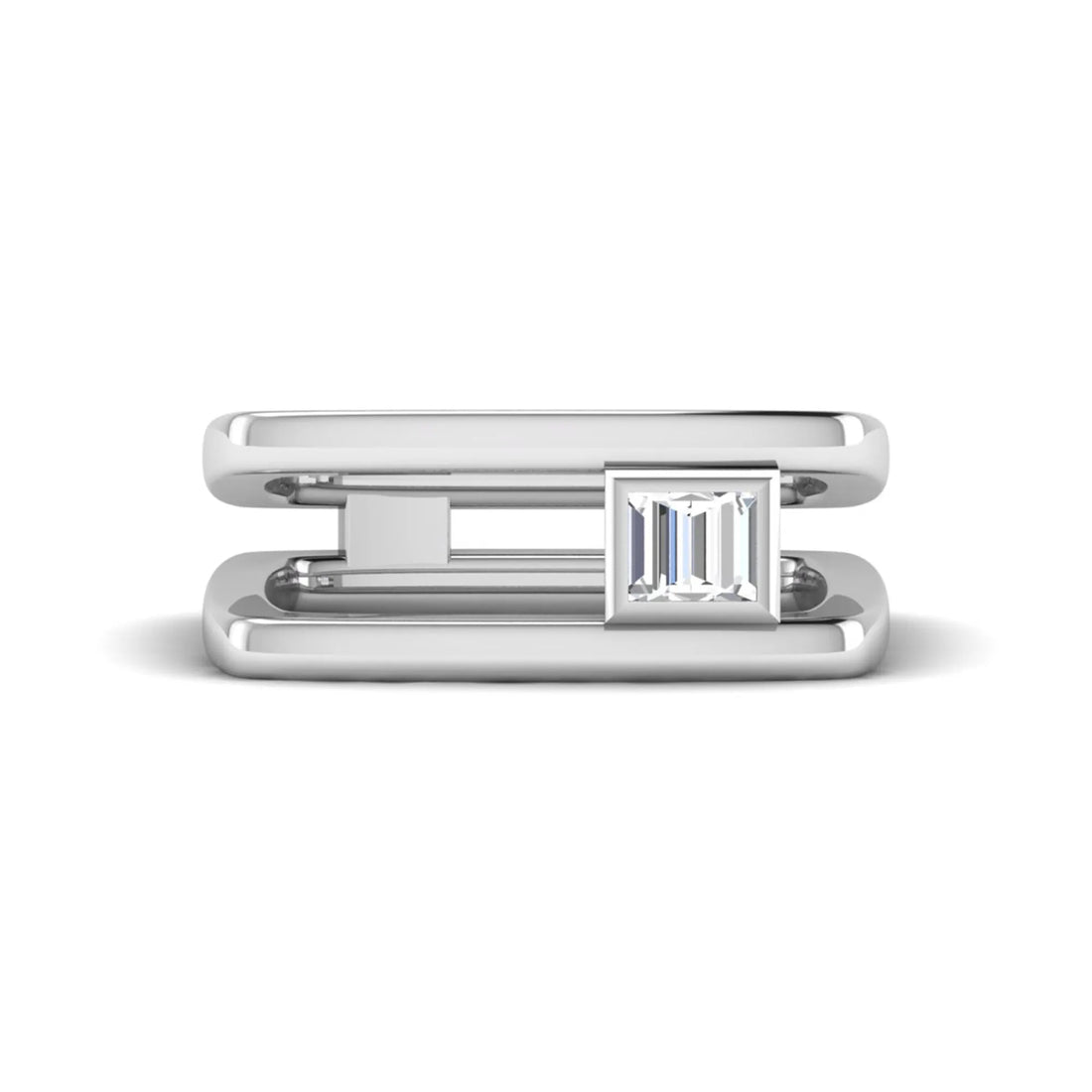 OctaPearl Bezel Set Baguette Solitaire Lab Grown Diamond Open Frame Men's Statement Ring