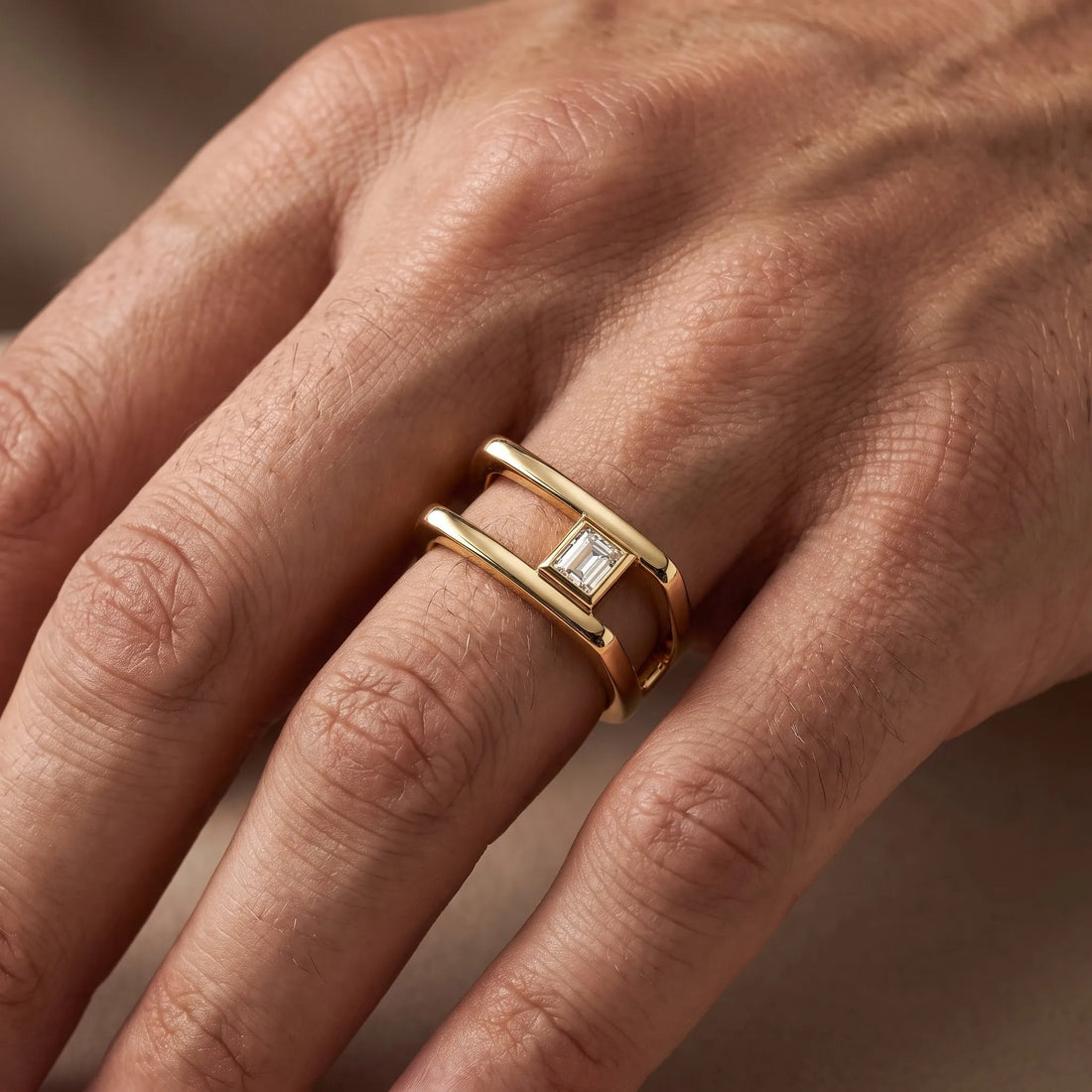 OctaPearl Bezel Set Baguette Solitaire Lab Grown Diamond Open Frame Men's Statement Ring
