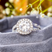 Round Moissanite Split-Shank Ring in Halo Set