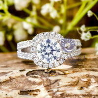 Round Moissanite Split-Shank Ring in Halo Set