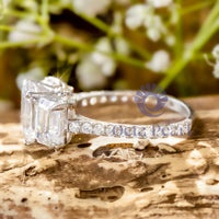 Tri-Stone Emerald Cut Bridal Ring With CZ Accent