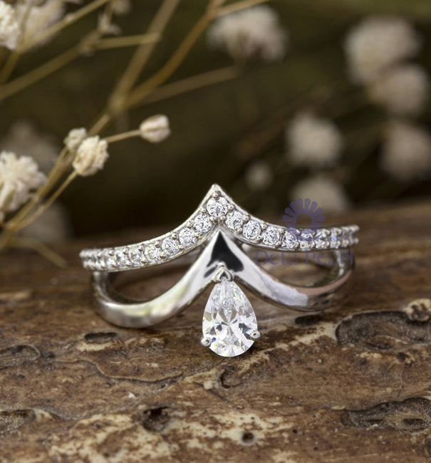 Pear CZ Stone Open Double Layer Chevron Engagement Band Ring In 925 Silver alternate