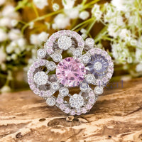 Pink & White Round Cut CZ Stone Floral Inspire Party Wear Cocktail Ring