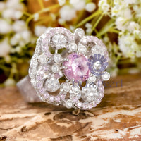 Pink & White Round Cut CZ Stone Floral Inspire Party Wear Cocktail Ring