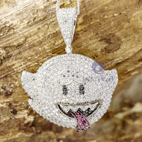 Halloween Round Cut CZ Stone Cool Mario Ghost Boo Emoji 925 Sterling Silver Pendant