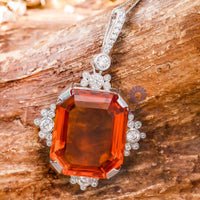 Large Orange Emerald With Round Cut CZ Stone Bezel Set Gemstone 925 Silver Pendant For Women