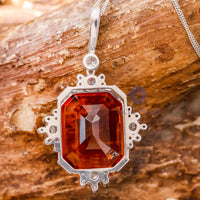 Large Orange Emerald With Round Cut CZ Stone Bezel Set Gemstone 925 Silver Pendant For Women