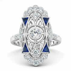 Round With Blue Sapphire Triangle Milgrain Bezel Set Art Deco Vintage Work Ring