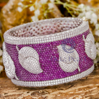 CZ White & Pink Round Gemstone Pave Set Leaf Inspire Bangle Bracelet For Party Wear In 925 Silver