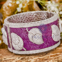 CZ White & Pink Round Gemstone Pave Set Leaf Inspire Bangle Bracelet For Party Wear In 925 Silver