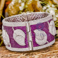 CZ White & Pink Round Gemstone Pave Set Leaf Inspire Bangle Bracelet For Party Wear In 925 Silver