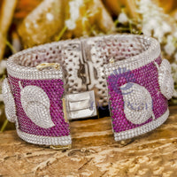 CZ White & Pink Round Gemstone Pave Set Leaf Inspire Bangle Bracelet For Party Wear In 925 Silver