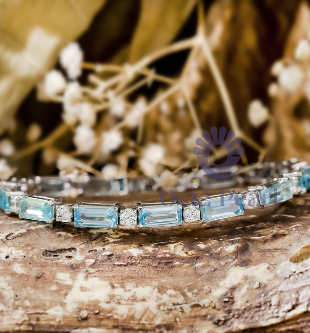 Aqua Baguette With White Round Cut CZ Stone Tennis Bracelet For Women