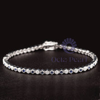 Blue Sapphire With White Round Cut CZ Stone Hexagon Shape Tennis Bracelet For Gift