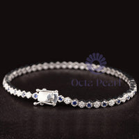 Blue Sapphire With White Round Cut CZ Stone Hexagon Shape Tennis Bracelet For Gift