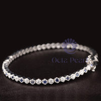 Blue Sapphire With White Round Cut CZ Stone Hexagon Shape Tennis Bracelet For Gift