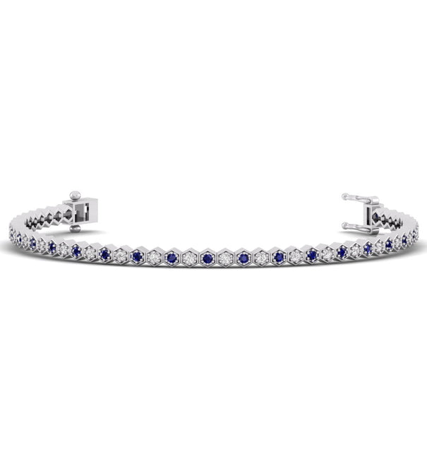 Blue Sapphire With White Round Cut CZ Stone Hexagon Shape Tennis Bracelet For Gift