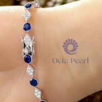 Blue Sapphire & White Round Cut CZ Stone Rhombus Shape Tennis Bracelet For Birthday Gift