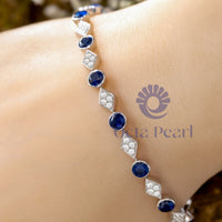 Blue Sapphire & White Round Cut CZ Stone Rhombus Shape Tennis Bracelet For Birthday Gift