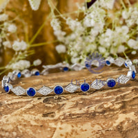 Blue Sapphire & White Round Cut CZ Stone Rhombus Shape Tennis Bracelet For Birthday Gift