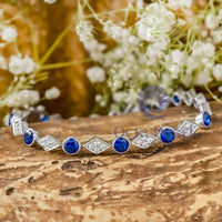 Blue Sapphire & White Round Cut CZ Stone Rhombus Shape Tennis Bracelet For Birthday Gift