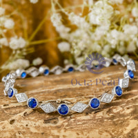 Blue Sapphire & White Round Cut CZ Stone Rhombus Shape Tennis Bracelet For Birthday Gift