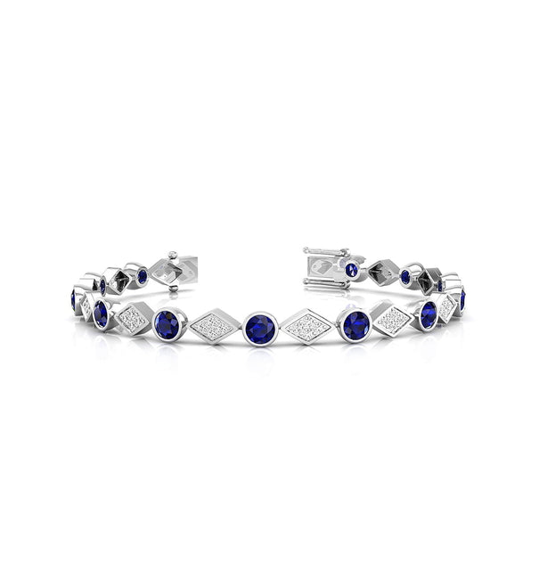 Blue Sapphire & White Round Cut CZ Stone Rhombus Shape Tennis Bracelet For Birthday Gift