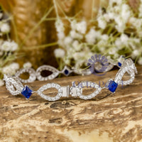 Blue Sapphire With Round White CZ Stone Teardrop Style Tennis Bracelet For ladies