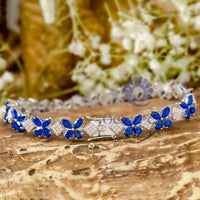 Blue Sapphire Marquise And Pear & Round Cut White CZ Stone Butterfly Inspire Tennis Bracelet